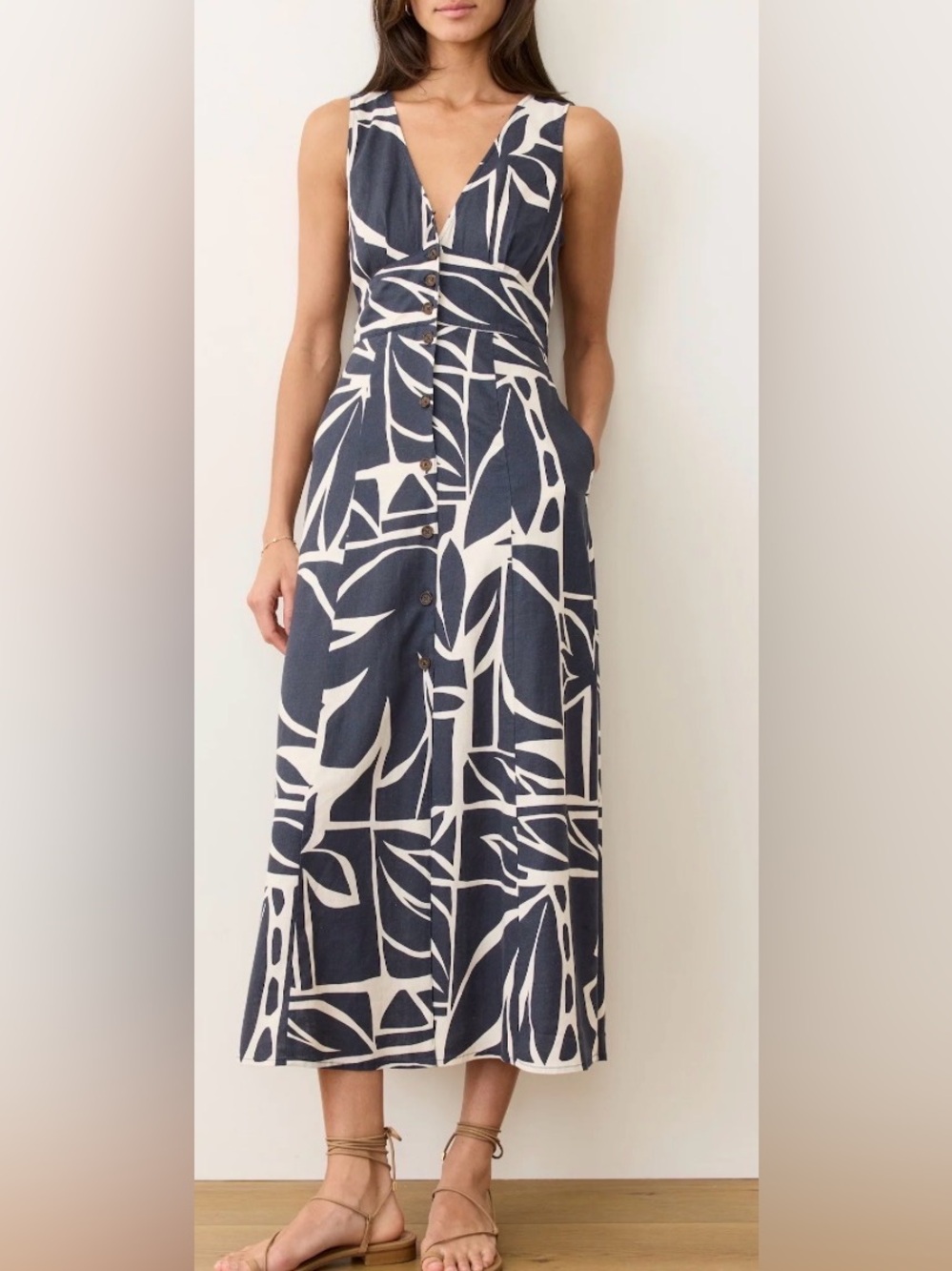Marine Layer Camila Dress Button-Front Navy and White Printed Maxi NWT Large